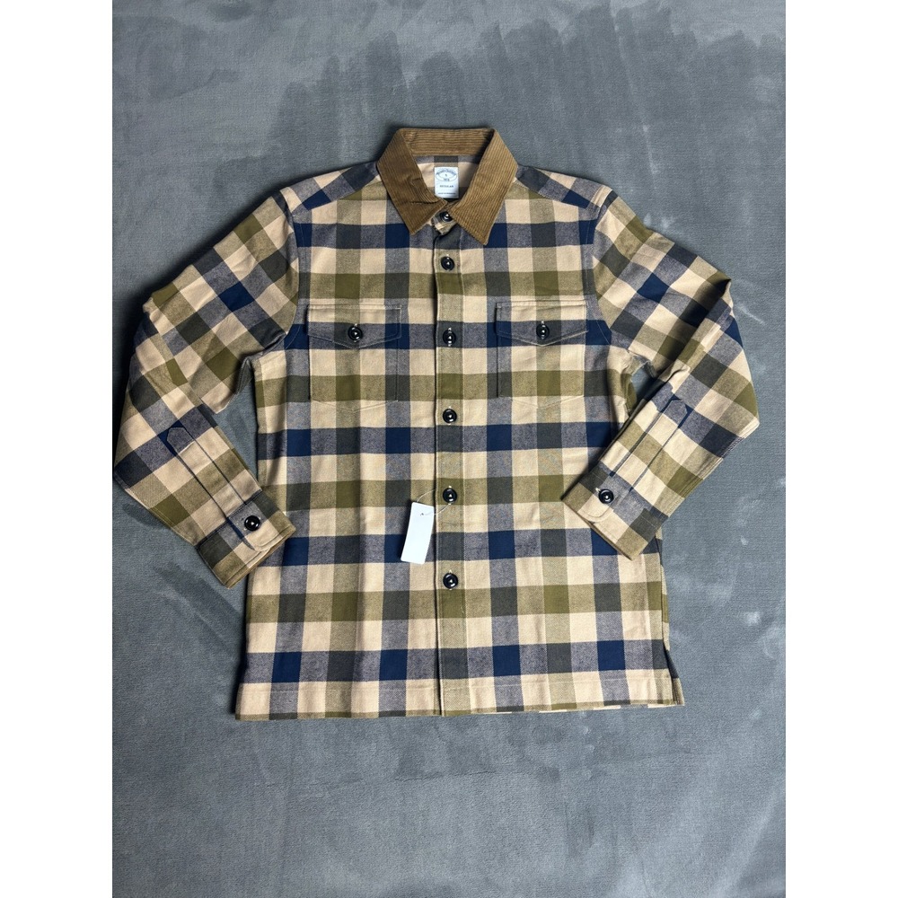 Brooks Brothers Men's Small Plaid Flannel Shirt Jacket Corduroy Collar Cotton